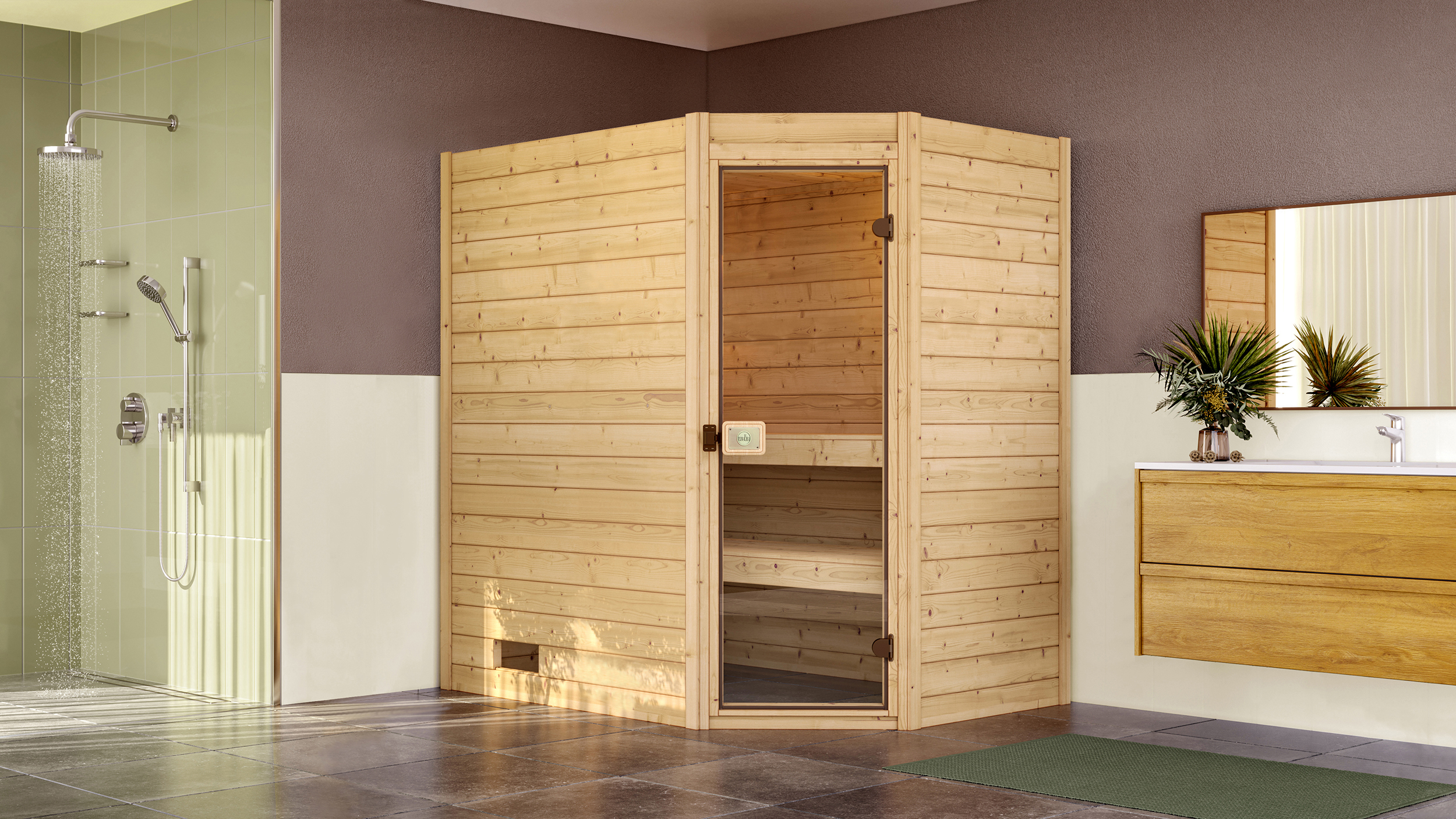 Weka Massivholzsauna VALIDA Eck 1 Glastür
