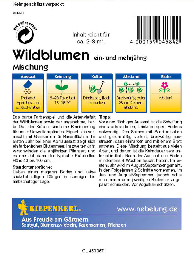 Saatgut  Wildblumen mit Kräutern, Mischung ein- und mehrjähriger Arten