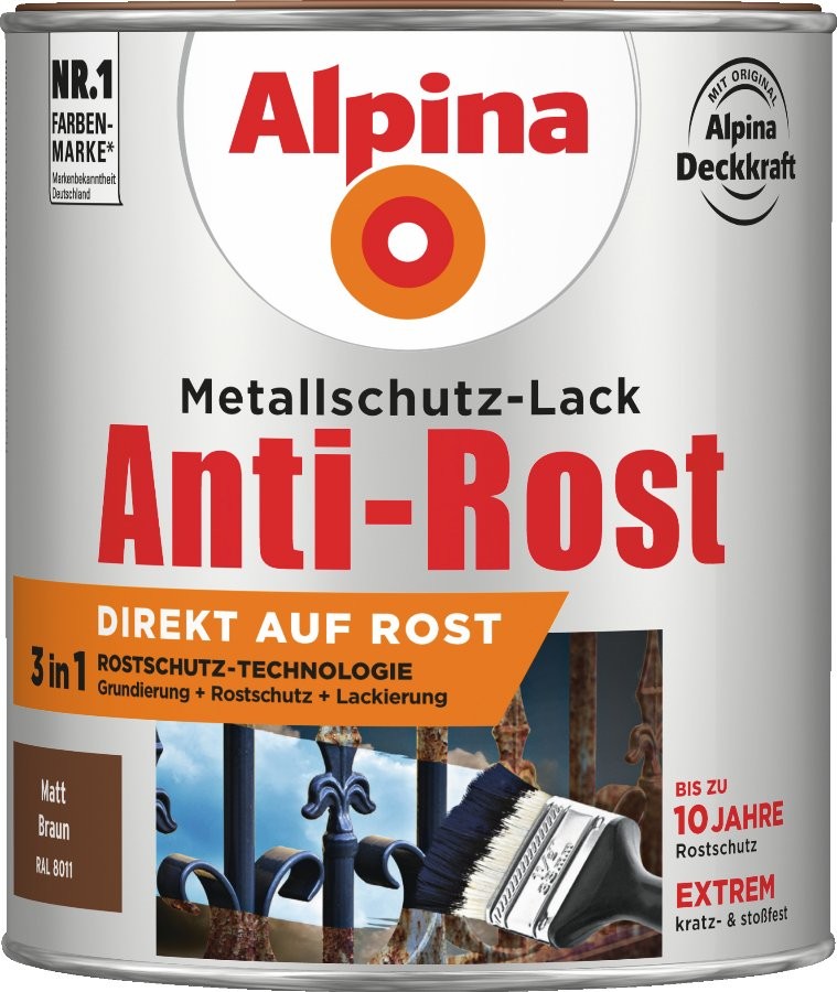 Alpina Metallschutz-Lack Anti-Rost matt Braun RAL 8011, 300 ml