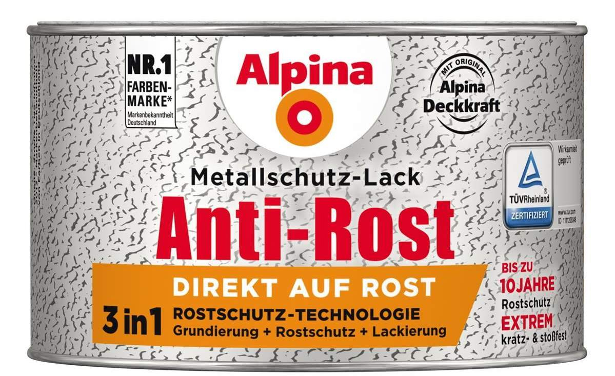 Alpina Metallschutz-Lack Anti-Rost Silber RAL9006 Glänzend 300ml