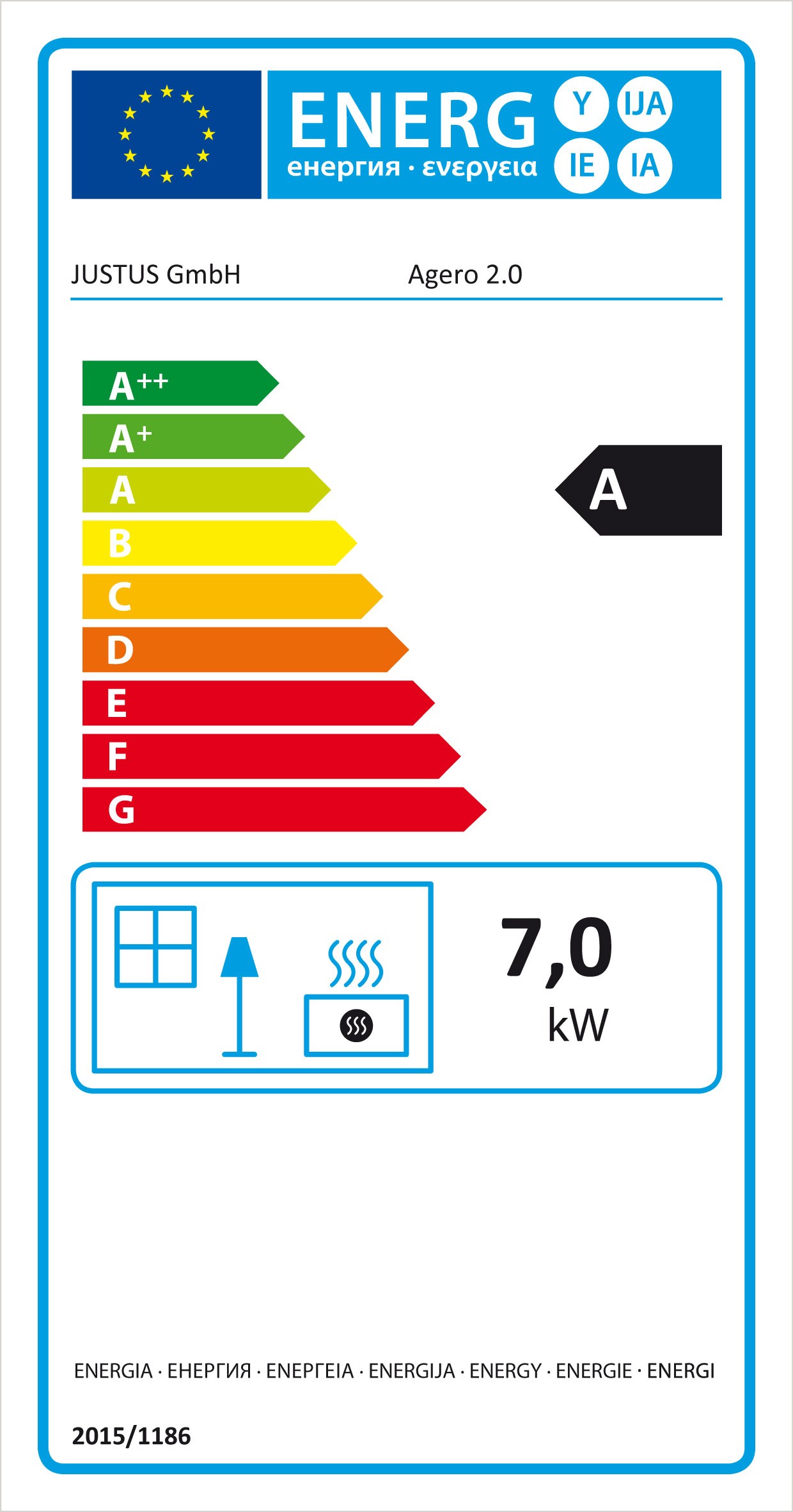 Energielabel Kaminofen Justus Agero 2.0 raumluftunabhängig Stahl schwarz 7kW