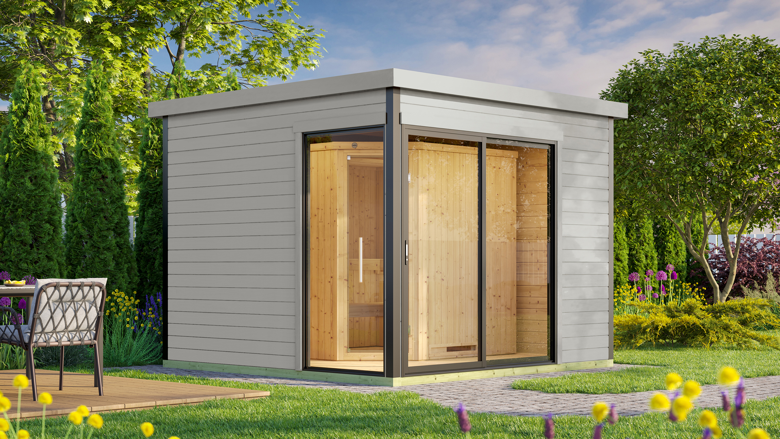 Weka Design Saunahaus SH 412 hellgrau 9kW OS Ofen