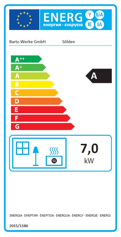 Energielabel Kaminofen Bartz Sölden raumluftunabhängig Snow Naturstein 7kW