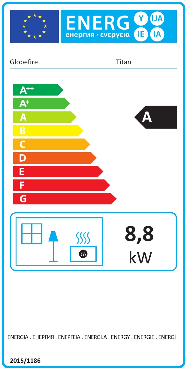 Energielabel Globe Fire Titan Holzherd raumluftunabhängig Guss 8,8 kW mit Backofen