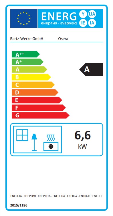 Energielabel Kaminofen Bartz Osera Stahl schwarz 6,6kW