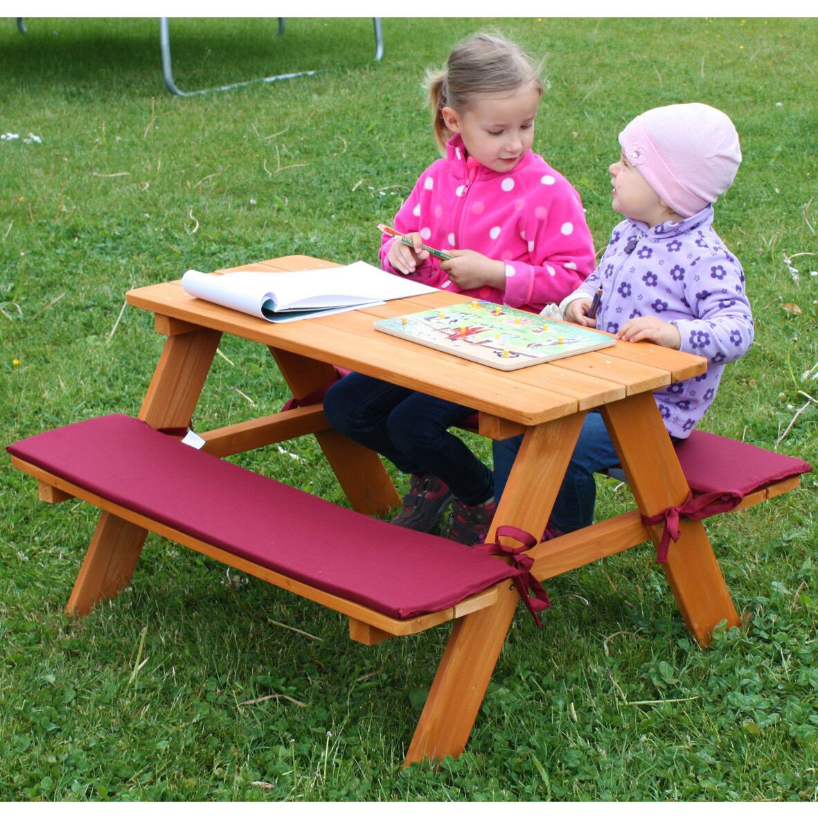 Kinder Sitzgruppe / Picknickbank Habau mit Polsterauflage 89x79x50cm