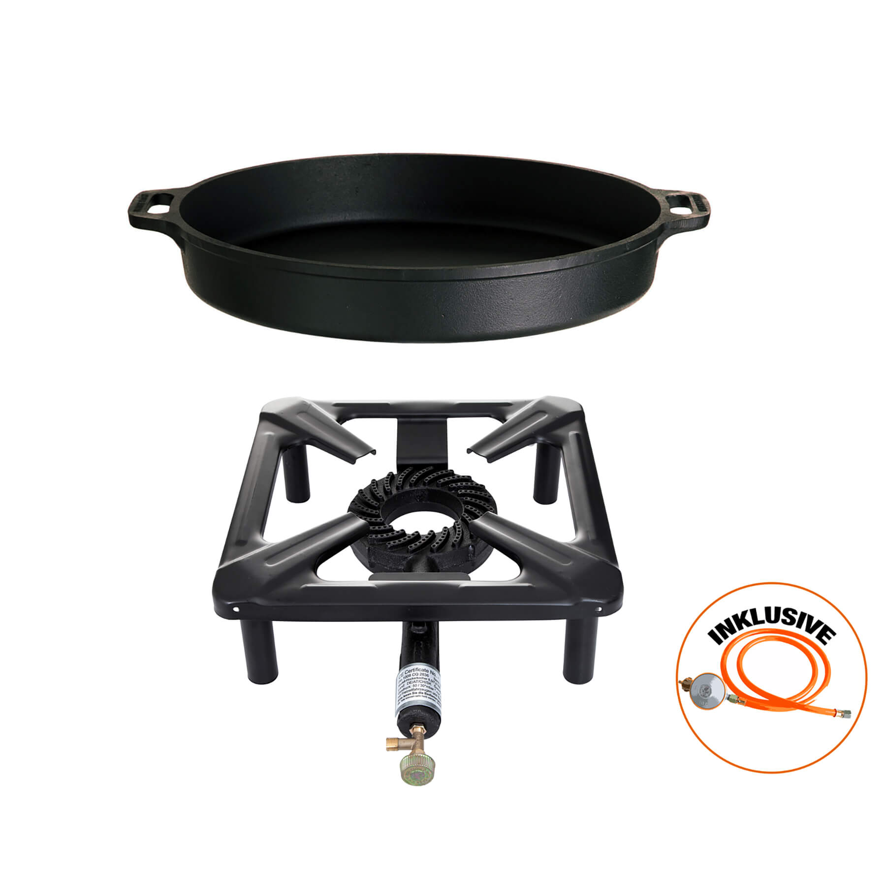 Paella World® HockerkocherSet mit Gusseisenpfanne Ø40cm Schlauch