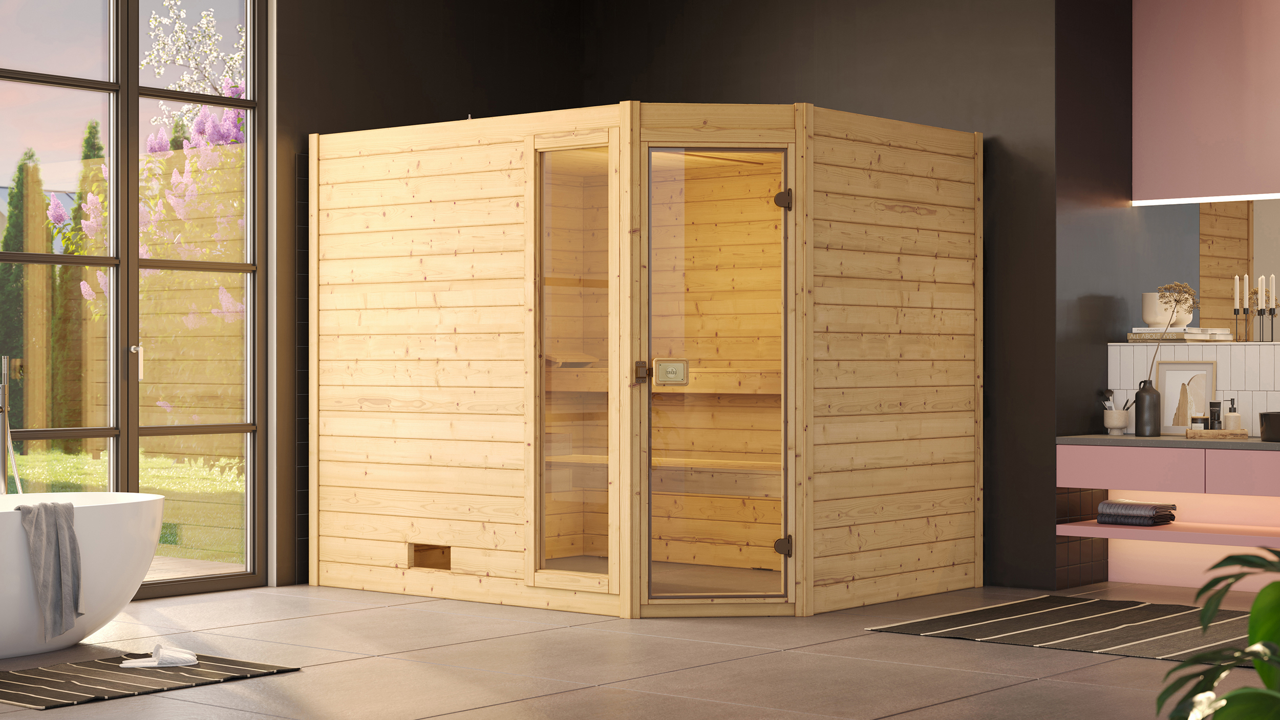Weka Massivholzsauna VALIDA Eck 3 Glastür mit Fenster