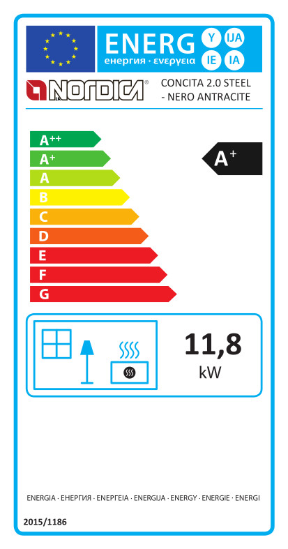 Energielabel LaNordica® Kaminofen CONCITA 2.0 Steel Holzofen schwarz 11,8kW