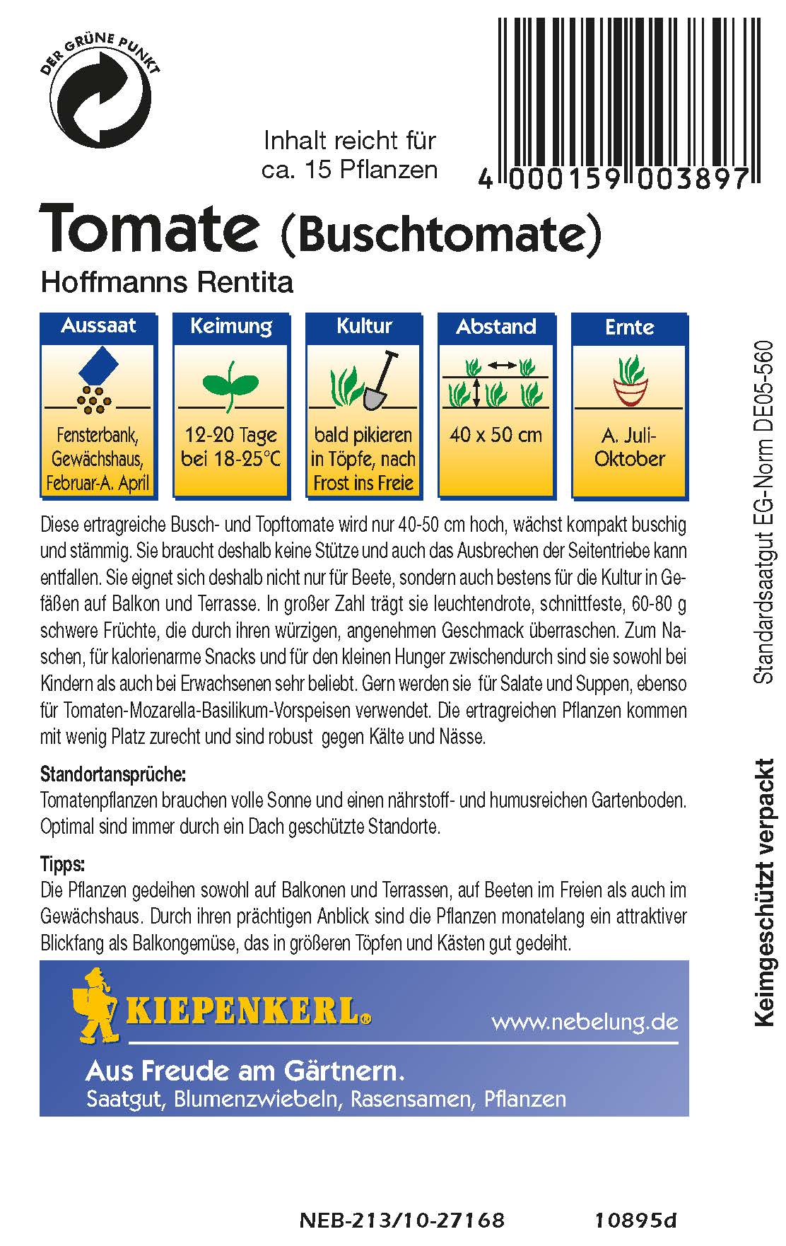 Saatgut Tomaten Tomate 'Hoffmanns Rentita'