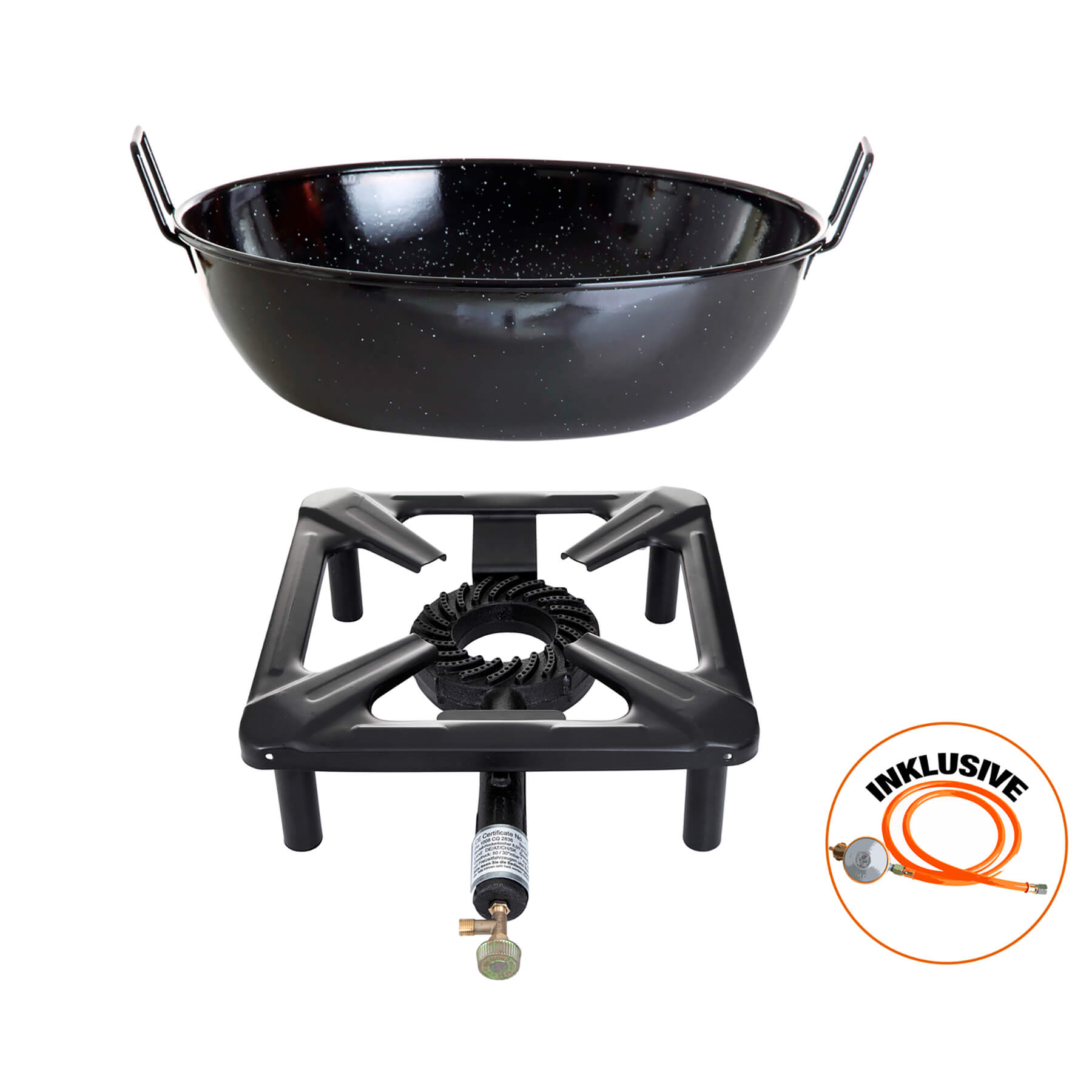 Paella World® Hockerkocher Set mit Emailleschüssel Ø30cm Schlauch