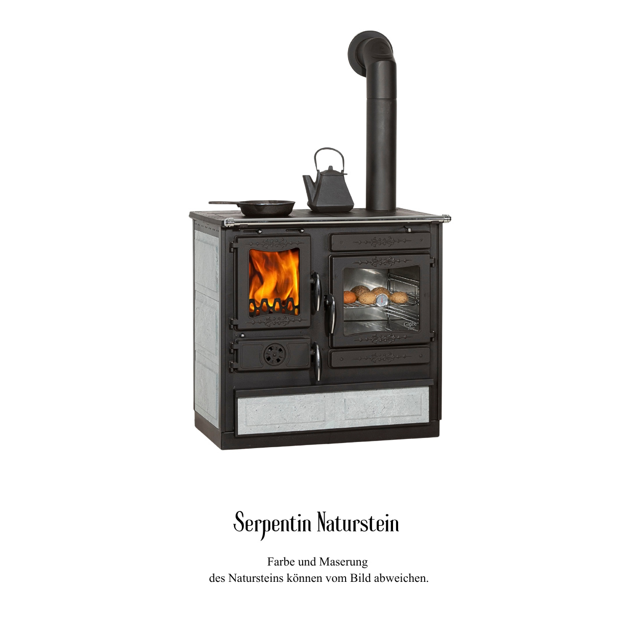 Globe Fire Alhena Holz-Küchenherd Serpentin Naturstein rechts 6,6 kW