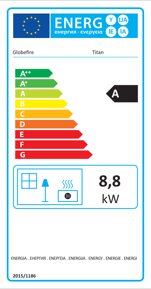 Energielabel Holzherd Globe-fire Titan raumluftunabhängig Guss schwarz 8,8kW