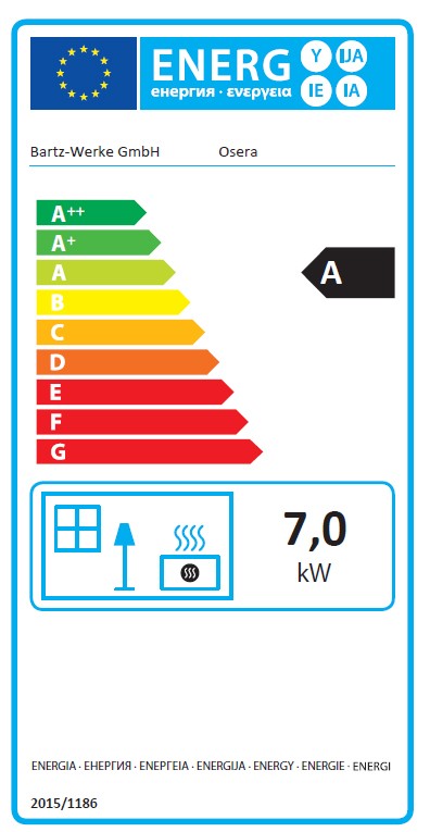 Energielabel Kaminofen Bartz Osera raumluftunabhängig Naturstein Snow 7kW