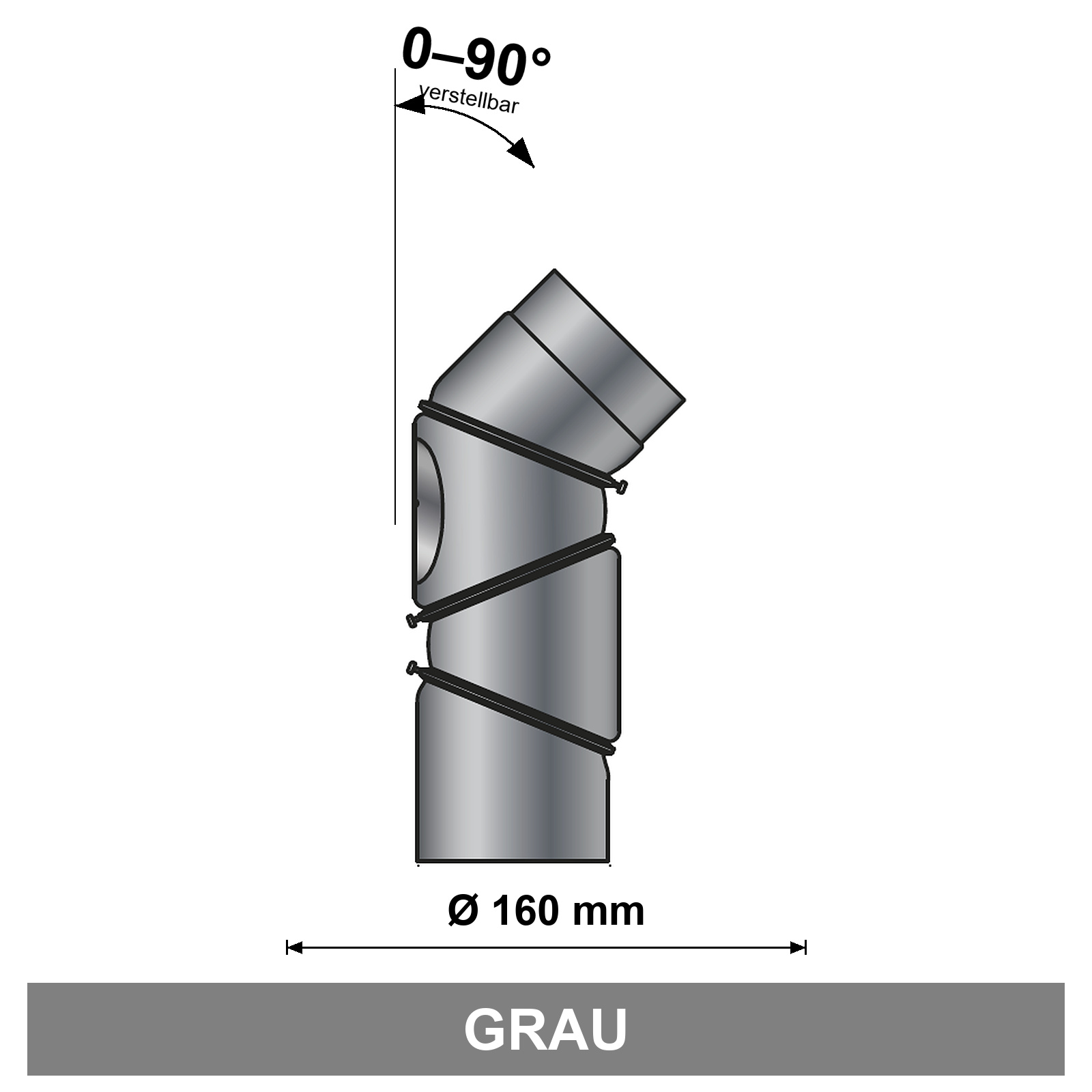 ediFire Bogen 0-90° Ø 160 mm, 4-teilig, mit Reinigungsöffnung, grau