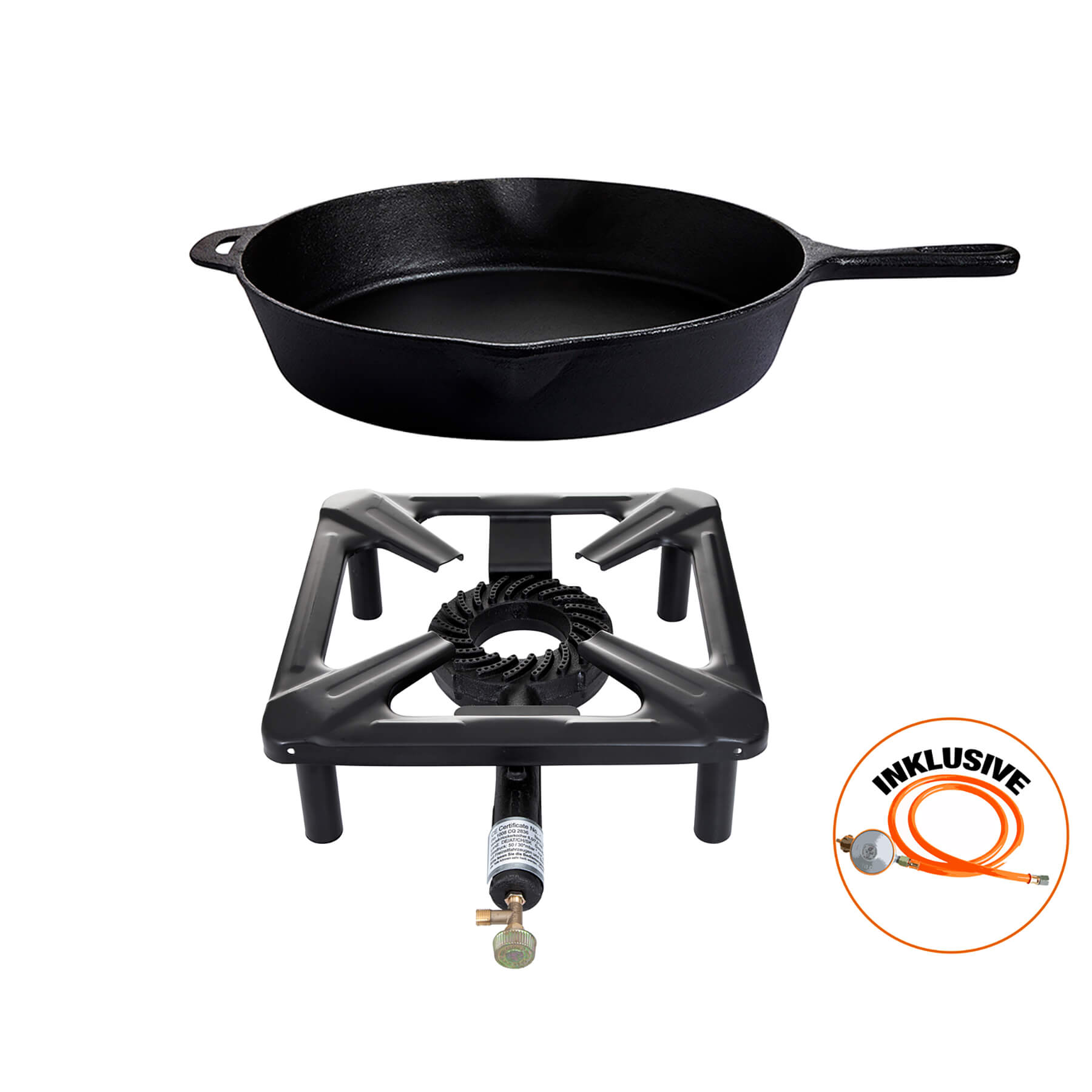 Paella World® Hockerkocher Set mit Gusseisenpfanne Ø35cm Schlauch