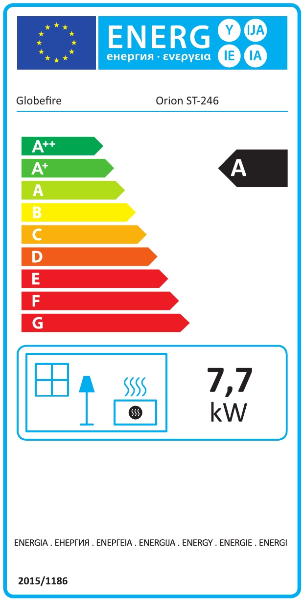 Energielabel Globe Fire Orion Kaminofen raumluftunabhängig schwarz 7,7 kW