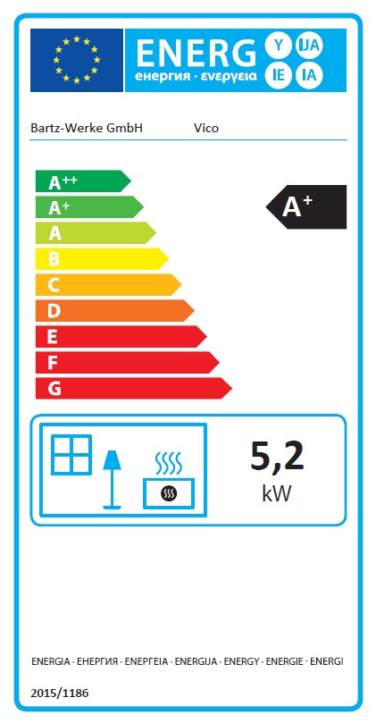 Energielabel Kaminofen Bartz Vico raumluftunabhängig Stahl schwarz 5kW
