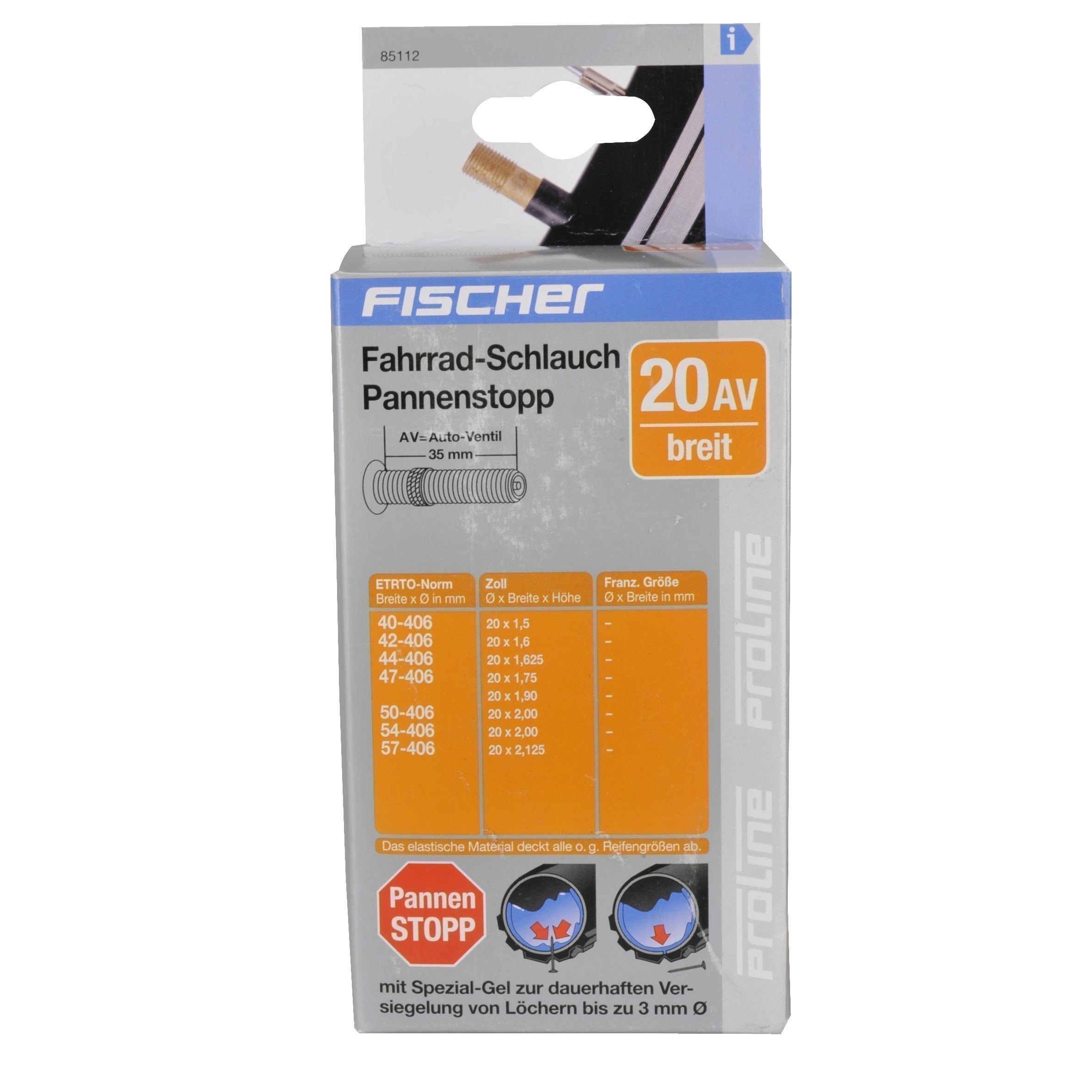 Fischer Fahrrad Schlauch Pannenstopp mit Auto-Ventil 20x1,5-2,125"