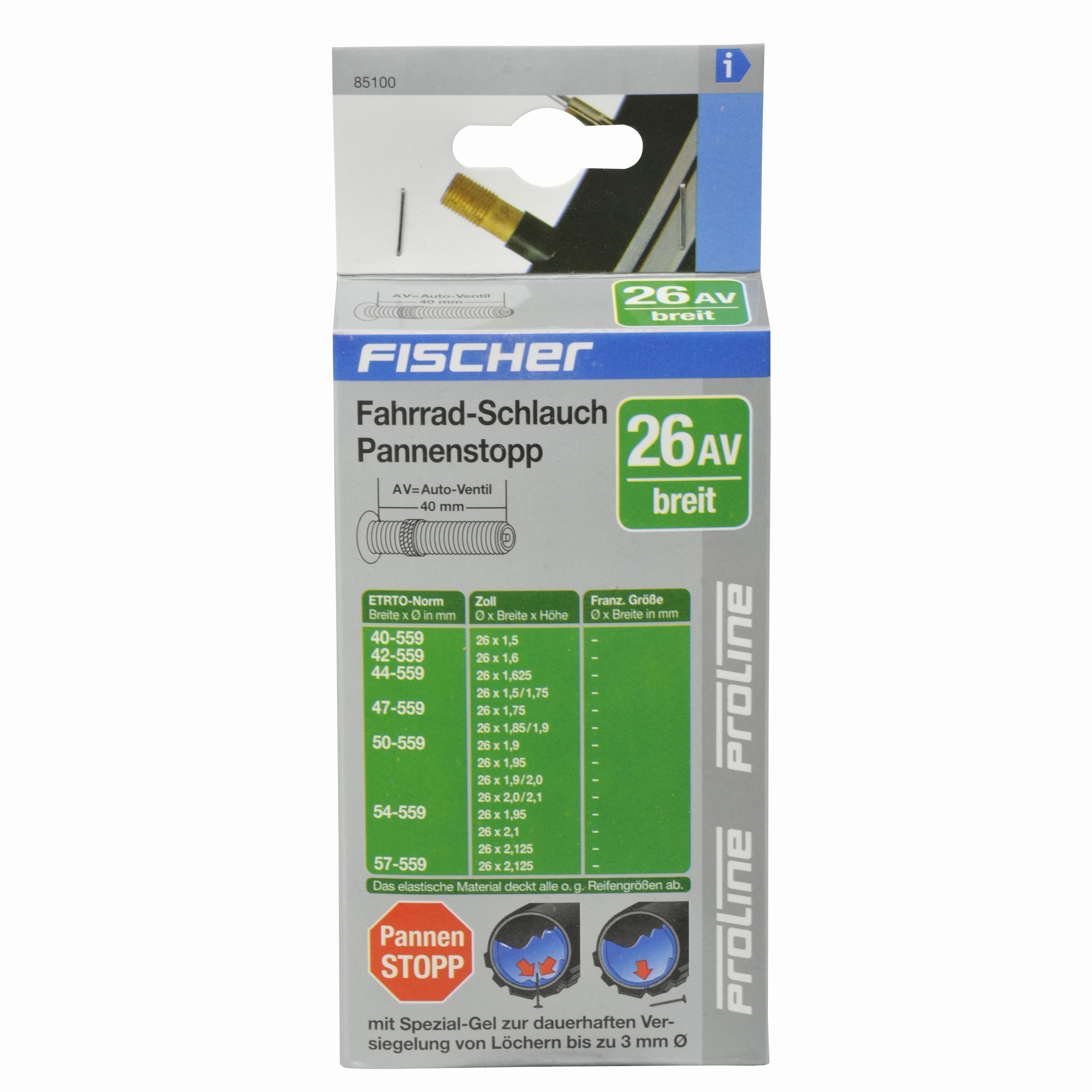Fischer Fahrrad Schlauch Pannenstopp mit Auto Ventil 26x1,5-2,125"