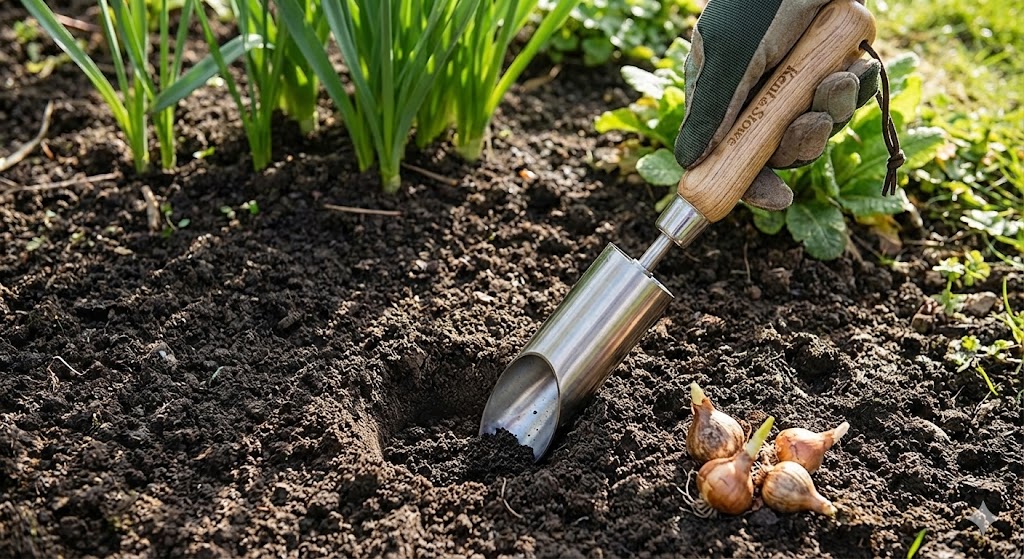 Kent & Stowe Kleiner Zwiebelpflanzer aus Edelstahl & Eschenholz