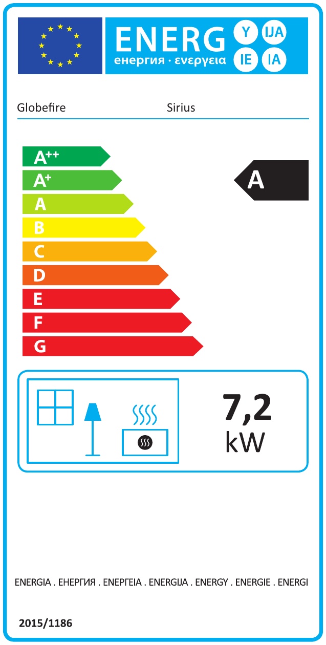 Energielabel Globe Fire Sirius Kaminofen raumluftunabhängig Guss schwarz 7,2 kW