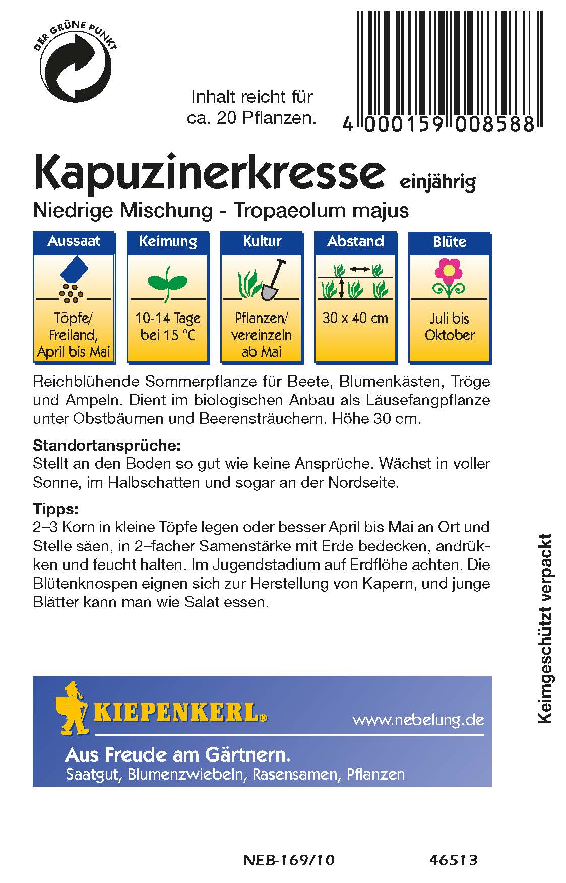 Saatgut Kapuzinerkresse Kapuzinerkresse 'Niedrige Mischung'