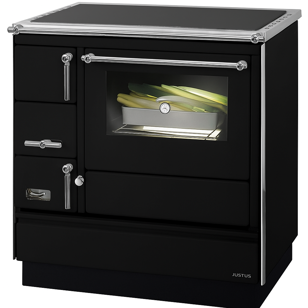 Justus Festbrennstoffherd Linz Schwarz Chrom Rechts