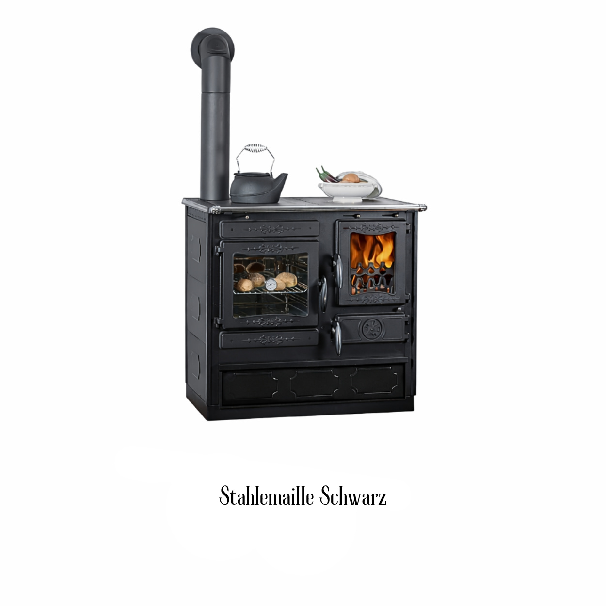 Globe Fire Alhena Holz-Küchenherd Emaille schwarz links 6,6 kW
