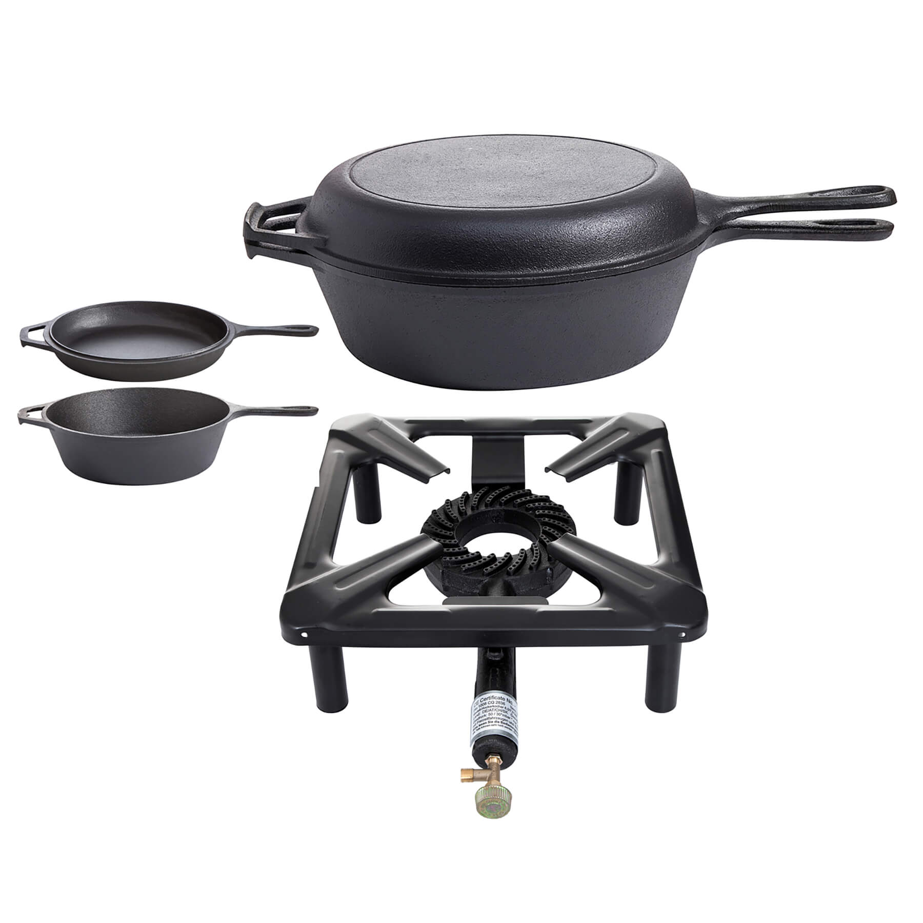 Paella World® Hockerkocher Set mit Gusseisenpfannen Kombi Set Ø25,5cm