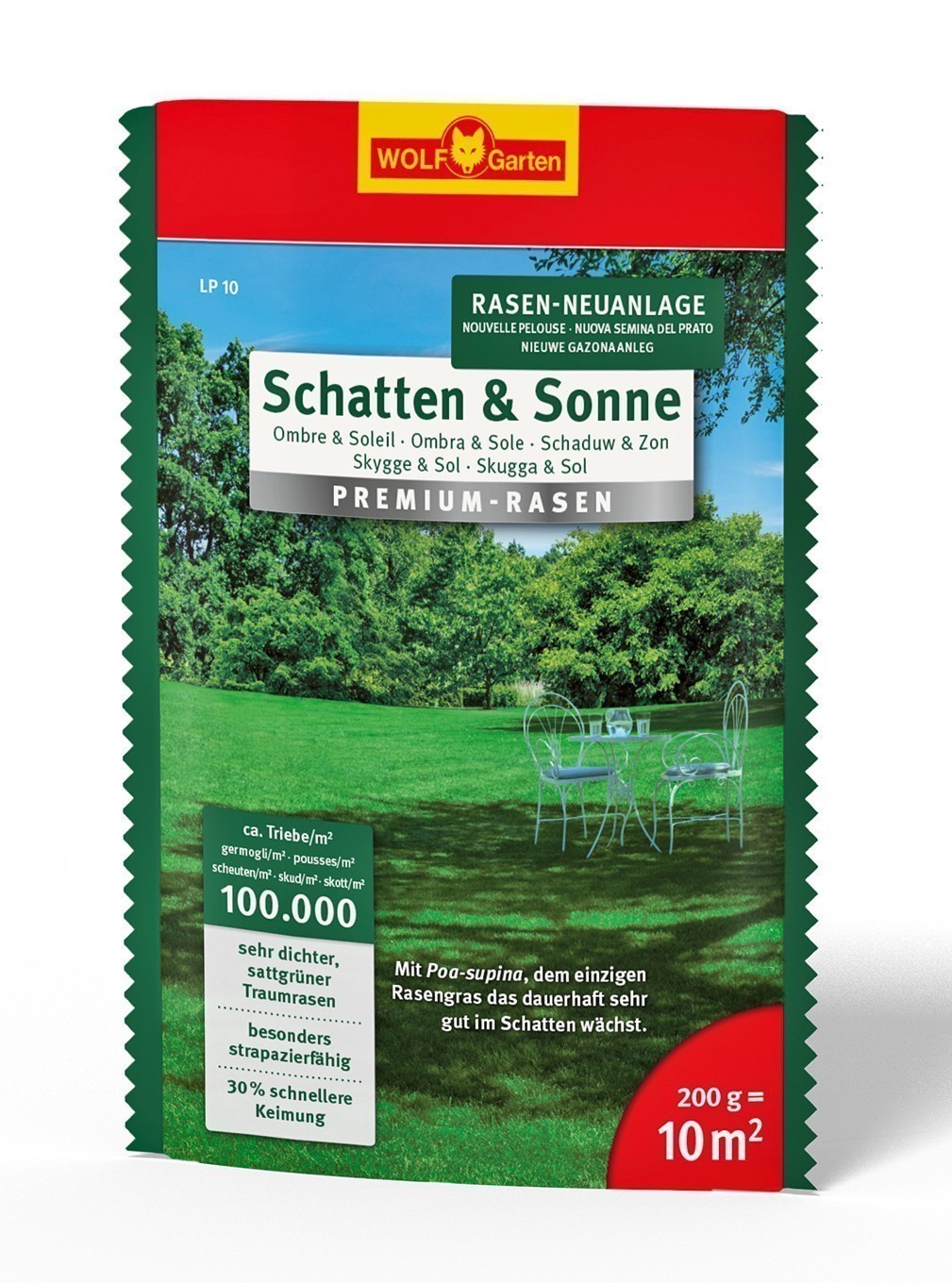 Wolf Garten Premium-Rasen Saatgut Schatten & Sonne LP10 für 10 m²