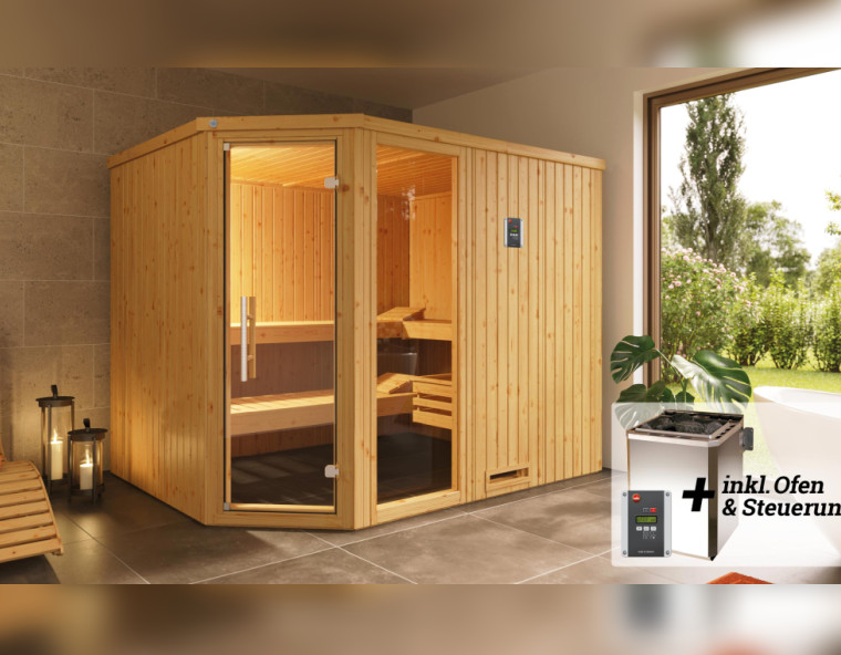 Weka Sauna Varberg 7,5 kW BioS Gr. 4 Glastür mit Fenster graphit Optik