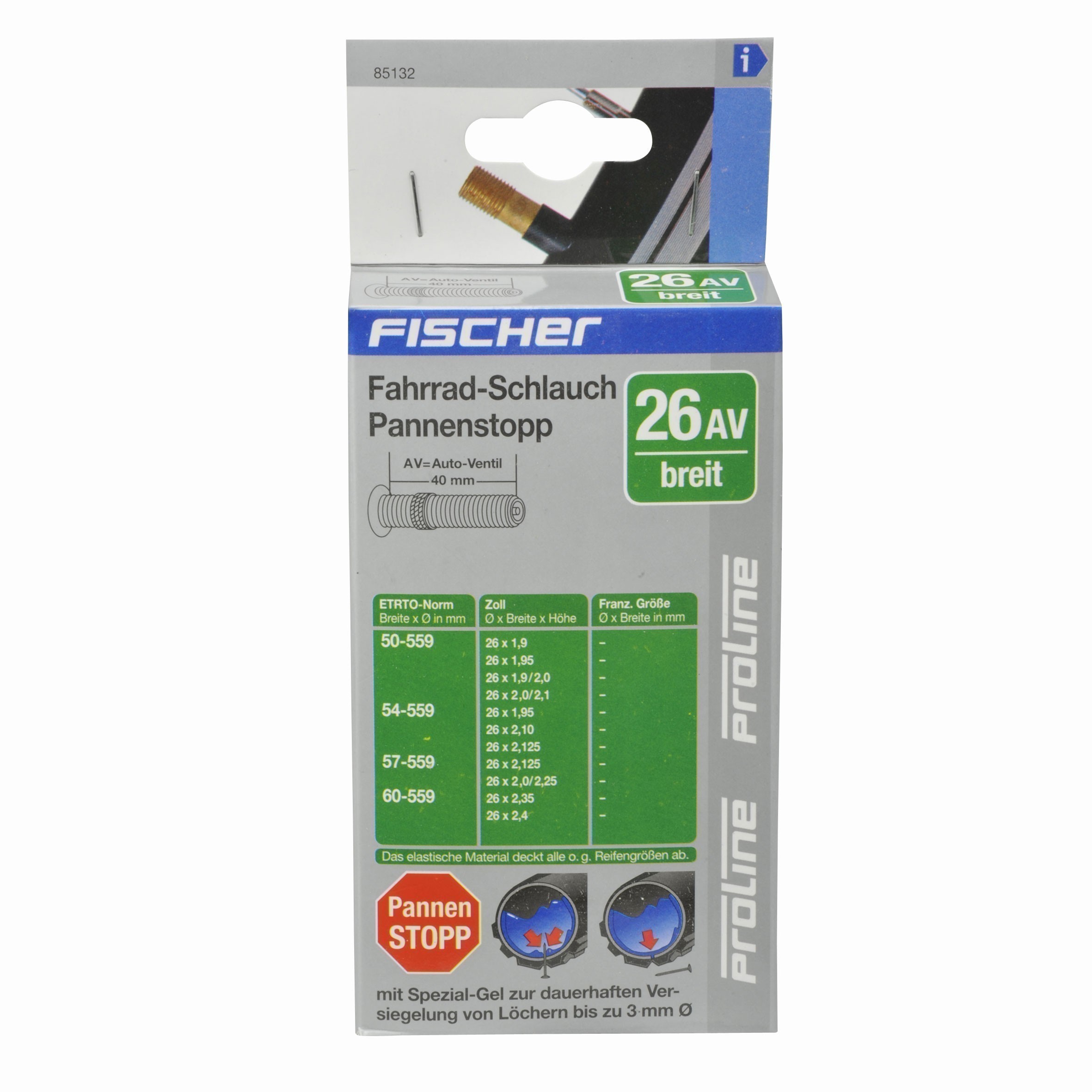 Fischer Fahrrad Schlauch Pannenstopp mit Auto Ventil 26x1,9-2,4"