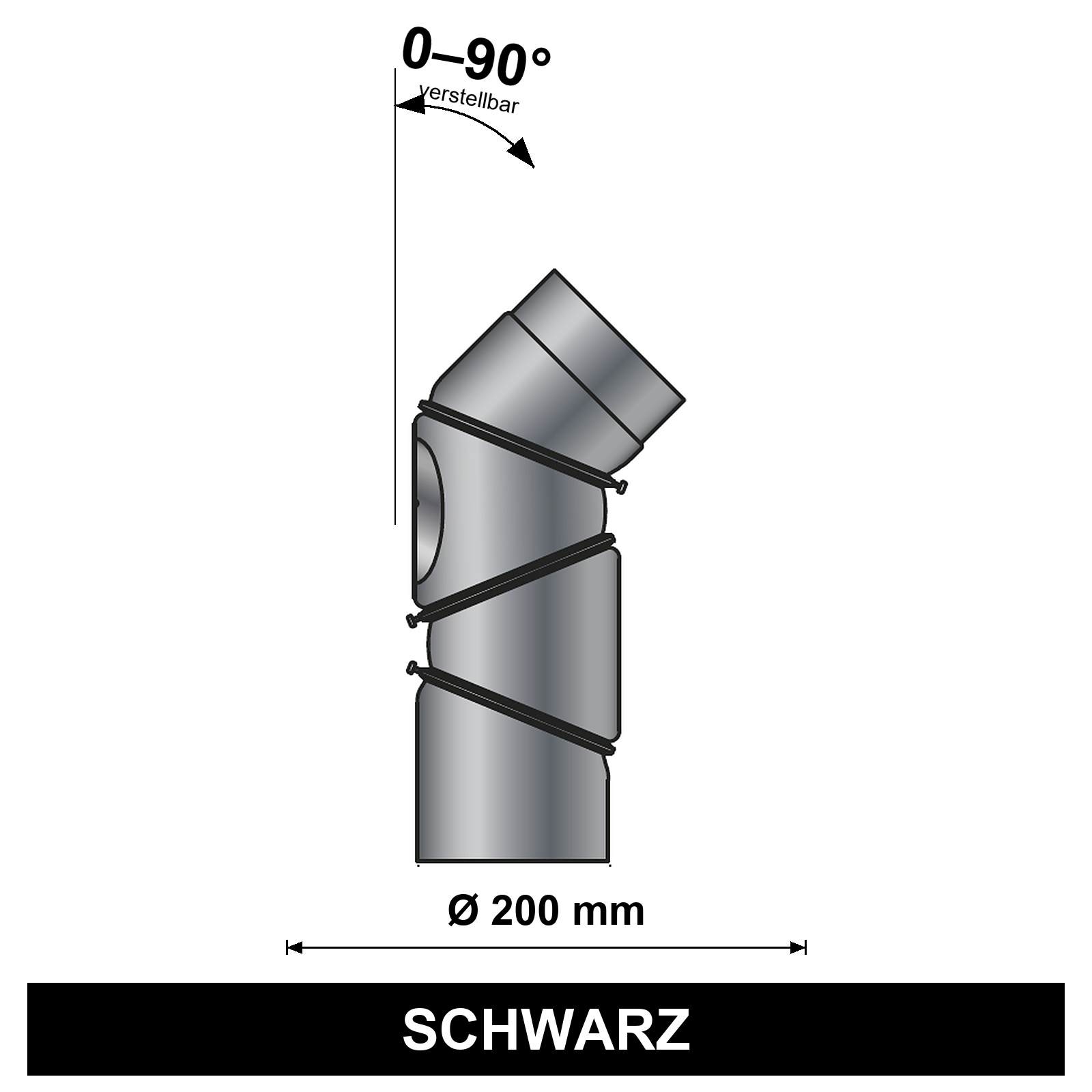 ediFire Bogen 0-90° Ø 200 mm, 4-teilig, mit Reinigungsöffnung, schwarz