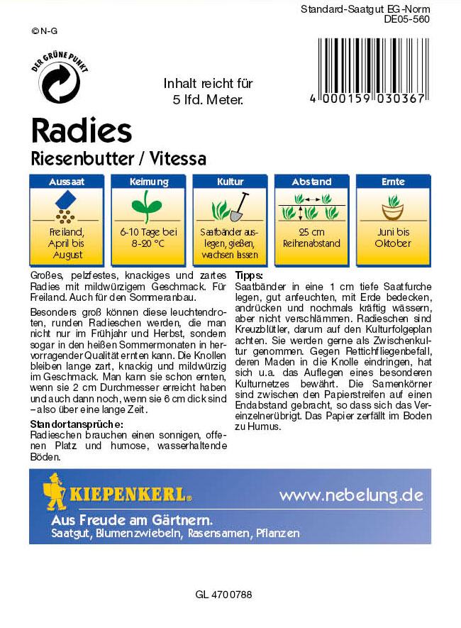 Gemüse Riesenbutter / Vitessa, Saatband Raphanus sativus var. sativus