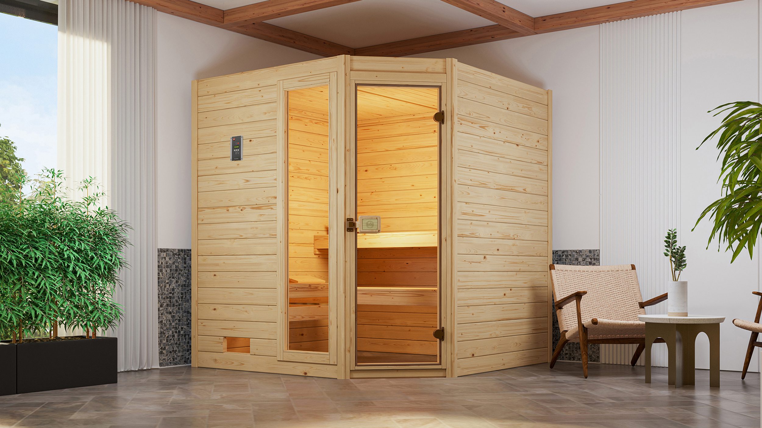 Weka Massivholzsauna VALIDA Eck 2 Glastür mit Fenster