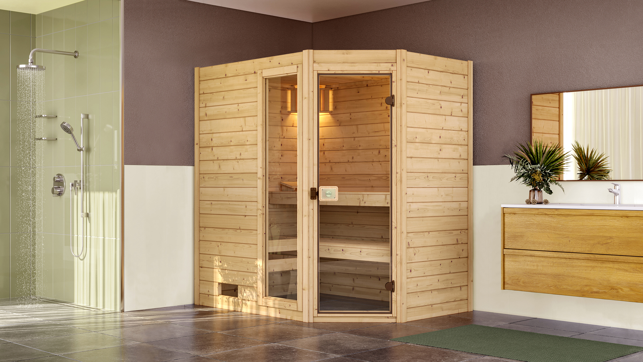 Weka Massivholzsauna VALIDA Eck 1 Sparset 1 Glastür mit Fenster