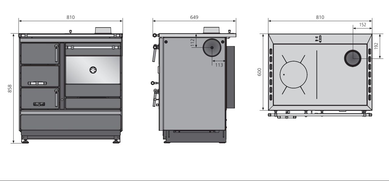 Justus Festbrennstoffherd Linz Schwarz Chrom Rechts