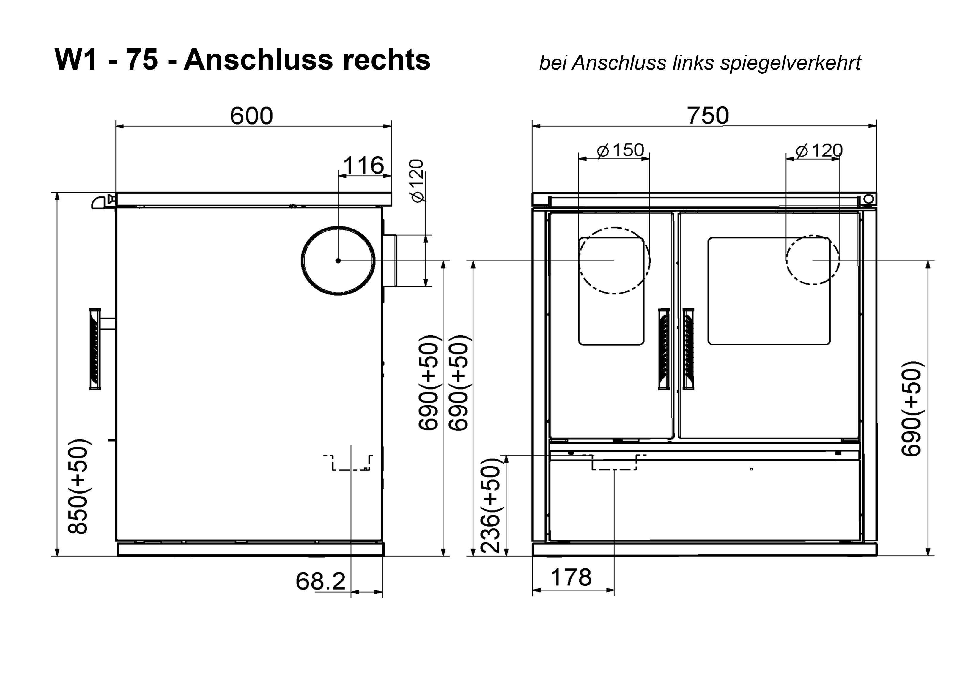 Küchenherd / Kohleherd Wamsler W1-75 kiesel Stahlkochfeld Ans. rechts