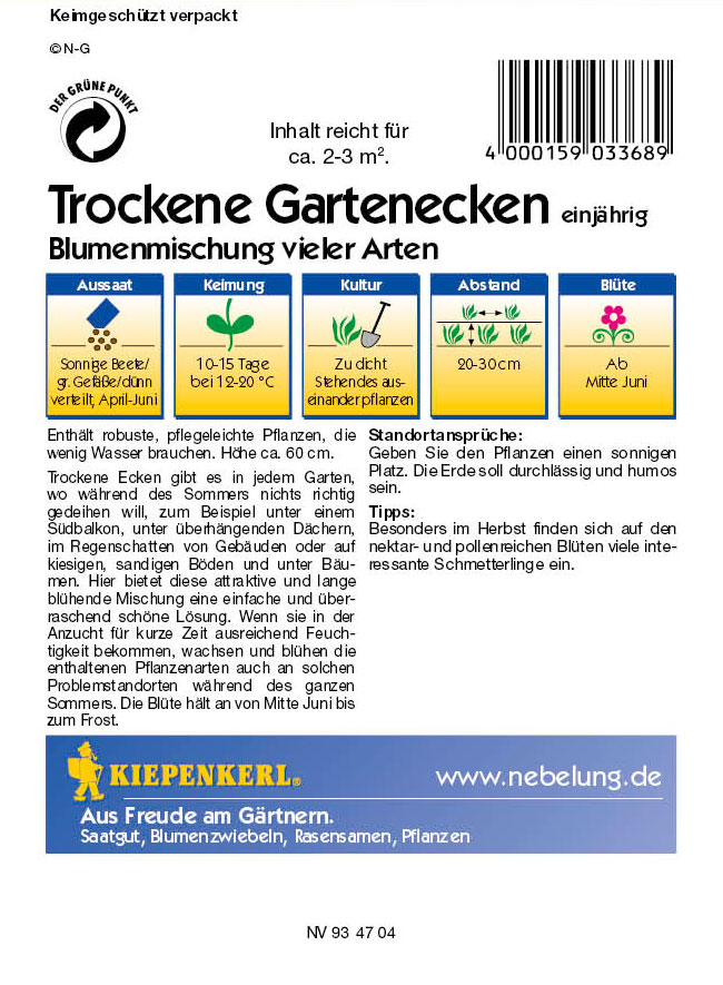 Saatgut Mischungen einjähriger Sommerblumen Trockene Garteneckenmischung