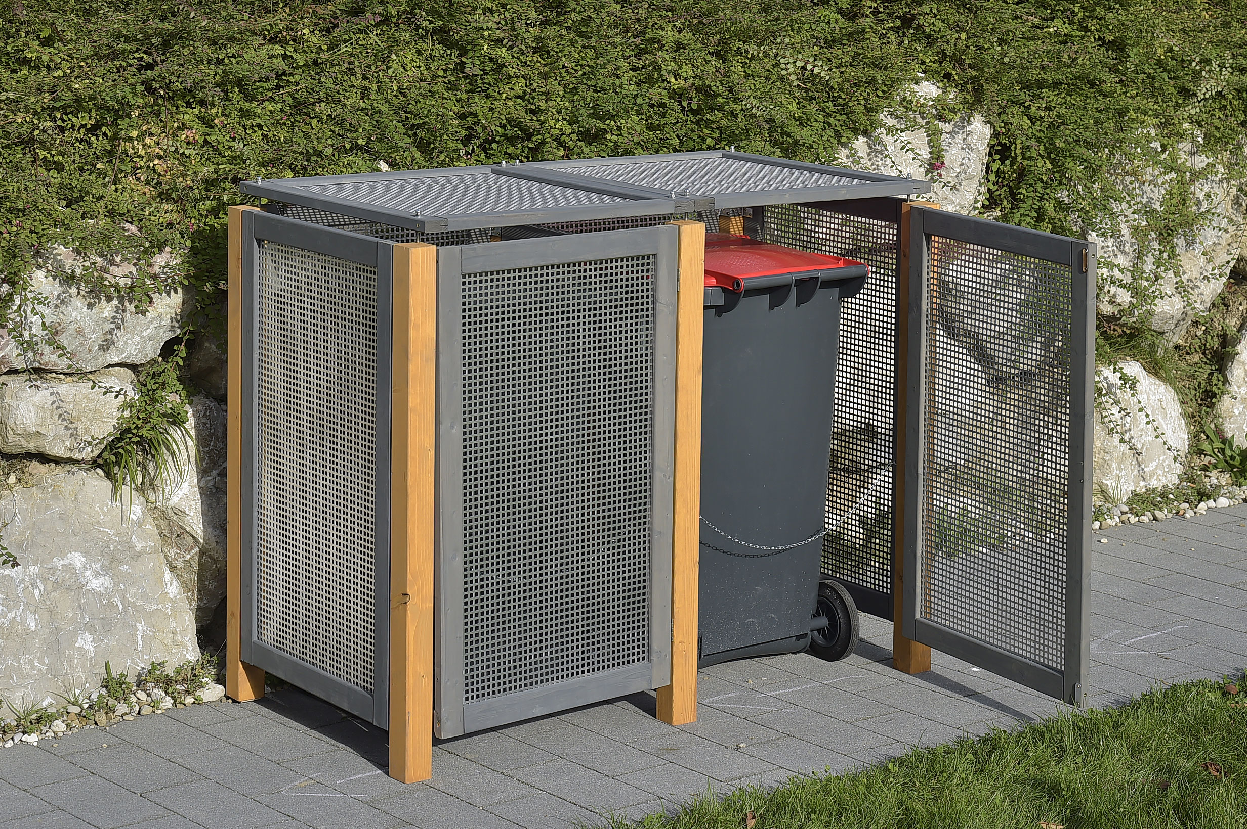 Alu / Holz Mülltonnenbox Kirchdorf für 2x Mülltonnen 240Liter