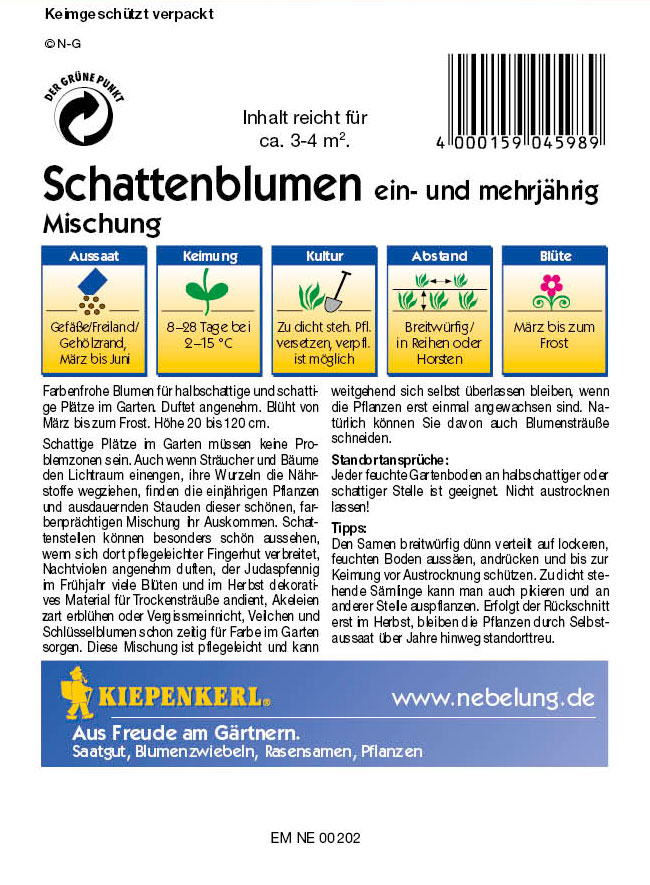 Saatgut Mischungen einjähriger Sommerblumen Schattenblumen, Mischung