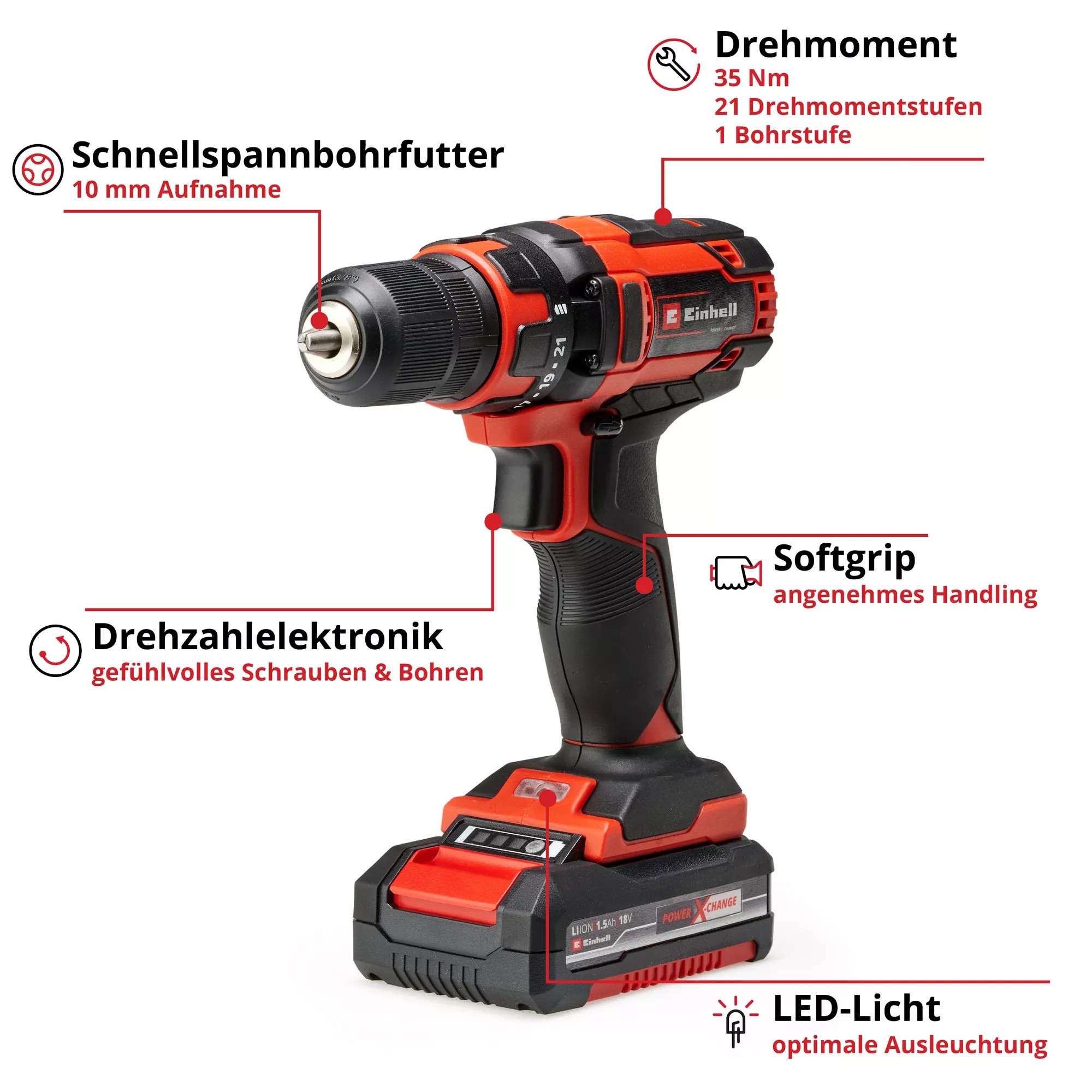 Einhell Akku-Bohrschrauber TC-CD 18/ 35 Li mit Akku