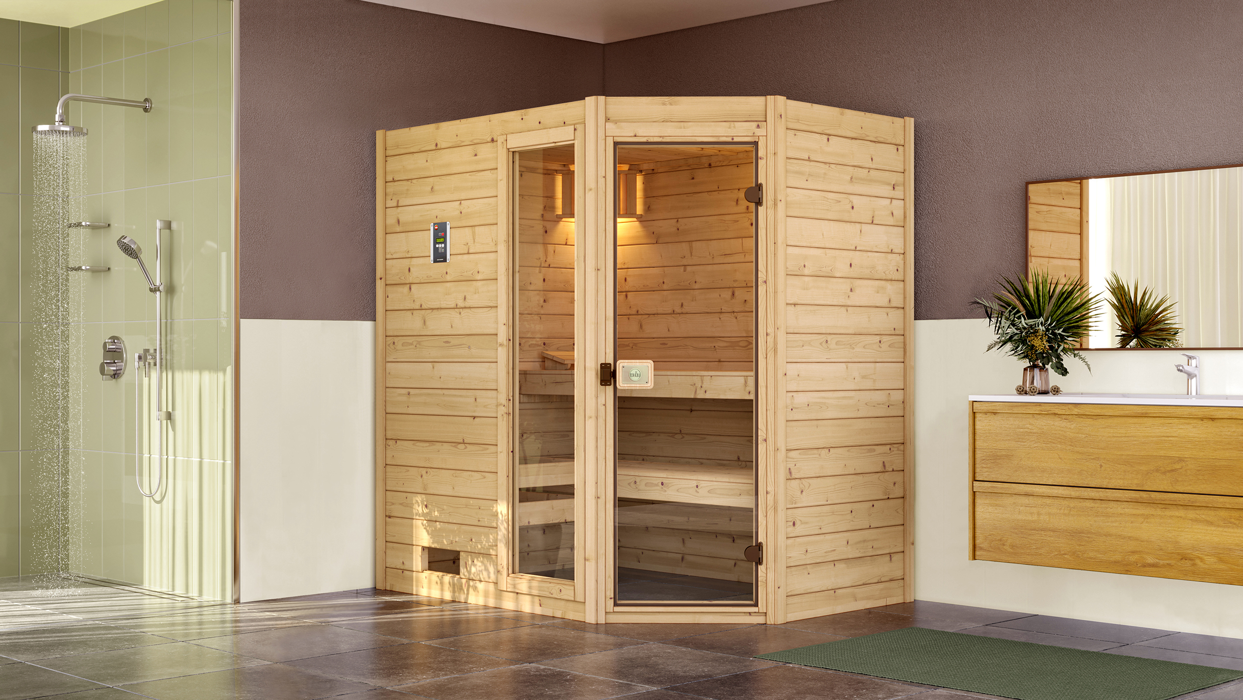 Weka Massivholzsauna VALIDA Eck 1 Sparset 2 Glastür mit Fenster