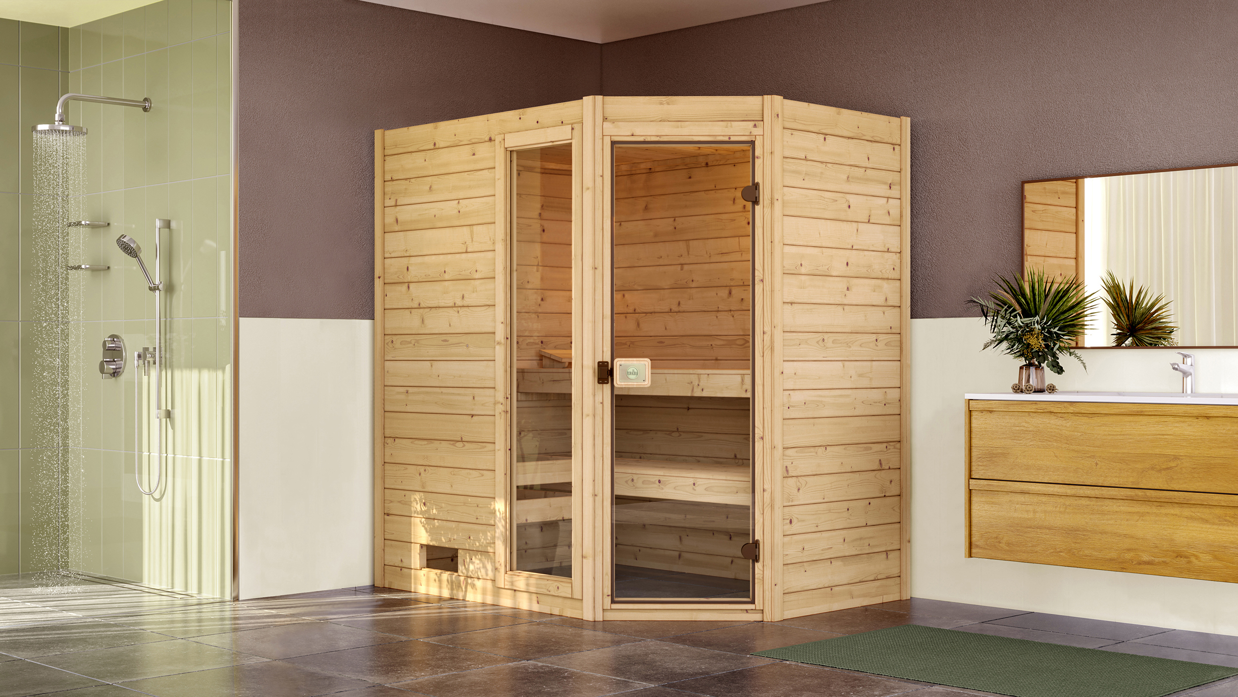 Weka Massivholzsauna VALIDA Eck 1 Glastür mit Fenster