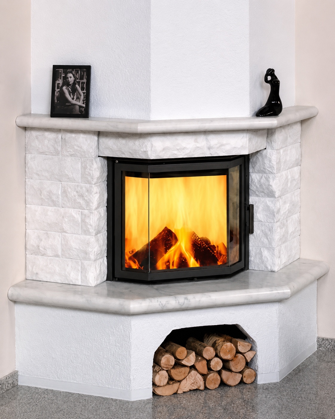 Kaminbausatz Hark Vermont mit Radiante 800/45K Marmor Naturweiß 8 kW