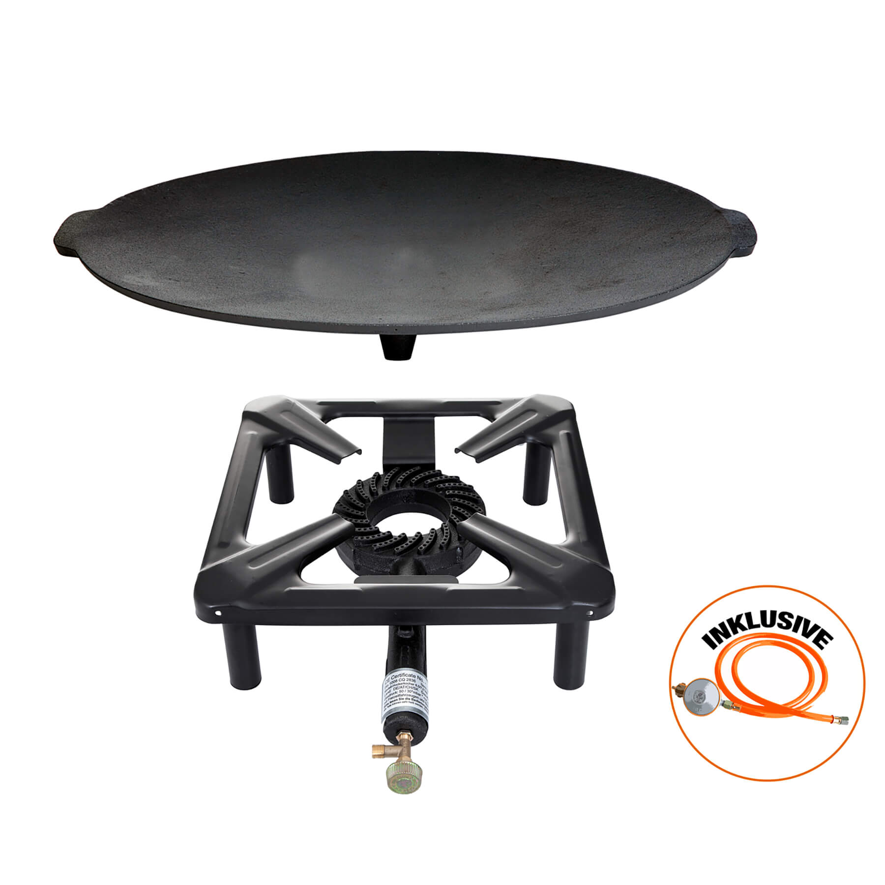 Paella World® Hockerkocher Set mit Gusseisengrillschale Ø45cm Schlauch