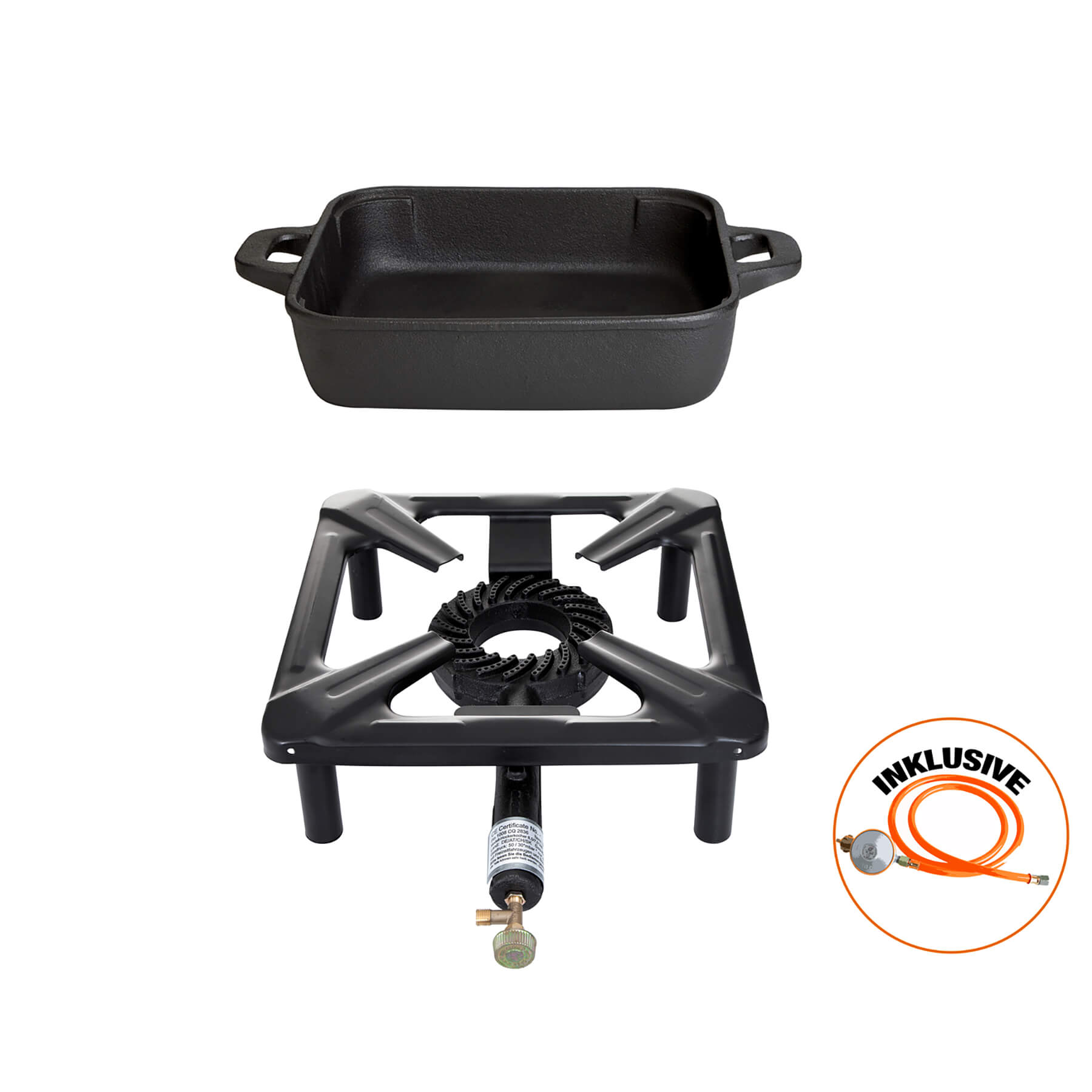 Paella World® Hockerkocher Set mit Gusseisenpfanne 25x25cm