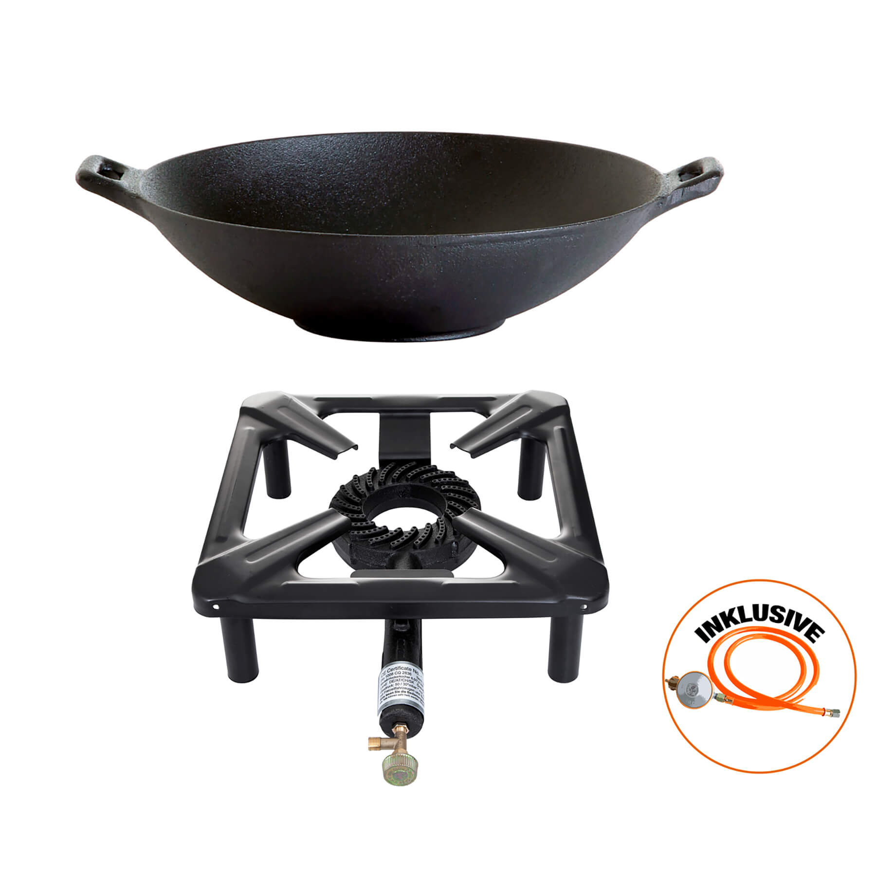 Paella World® Hockerkocher Set mit Gusseisen Wok Ø37cm Schlauch