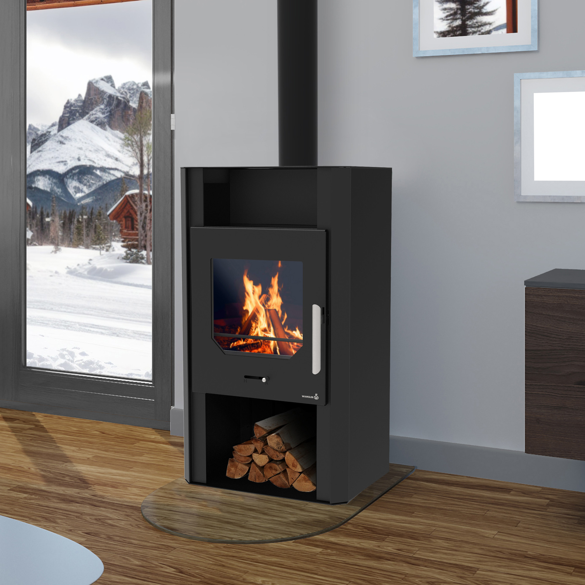 Wamsler Cube Kaminofen Stahl schwarz 6 kW mit Holzfach